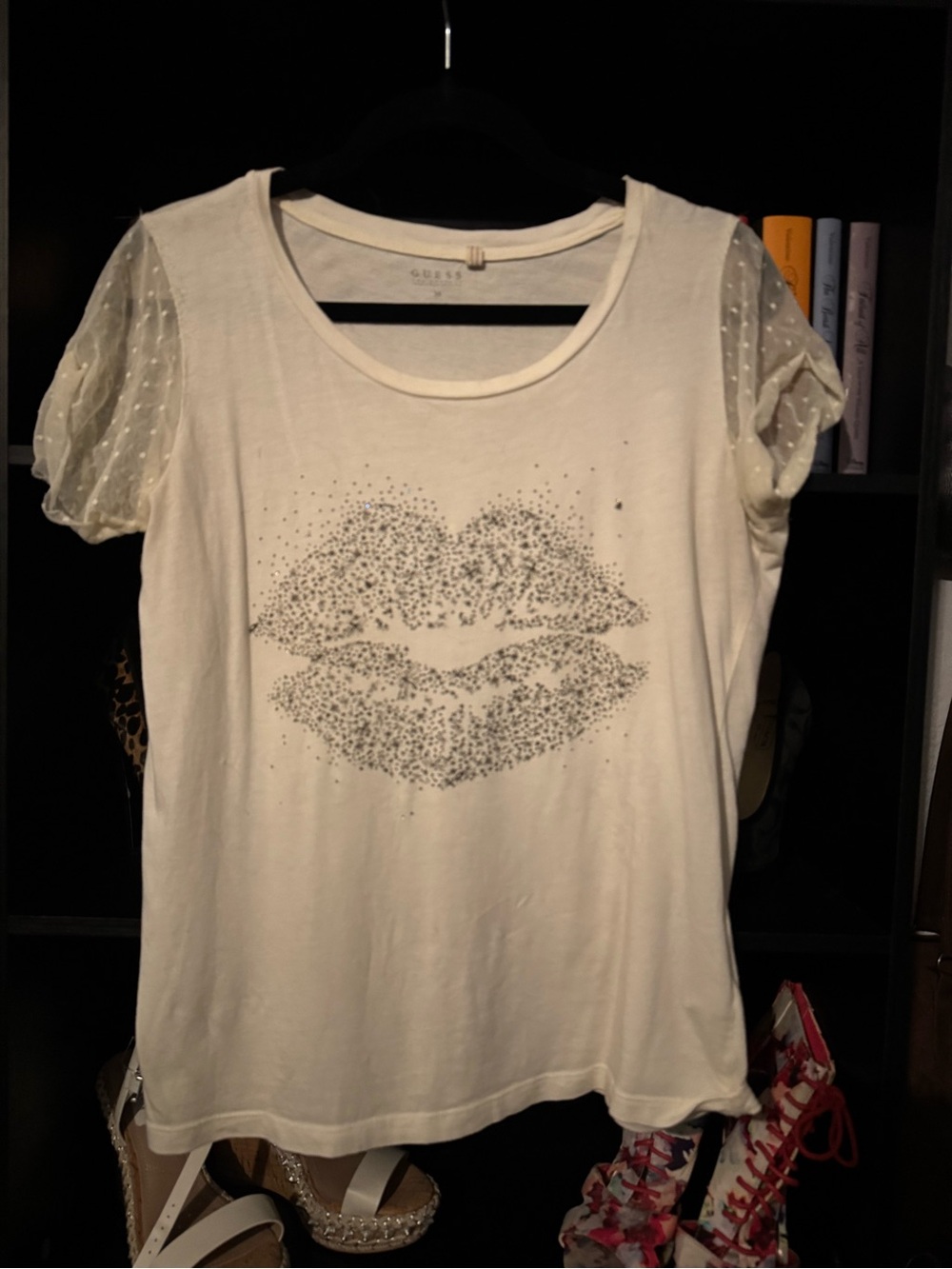 Guess Cream Short Sleeve Tee with Sparkle Kiss Graphic